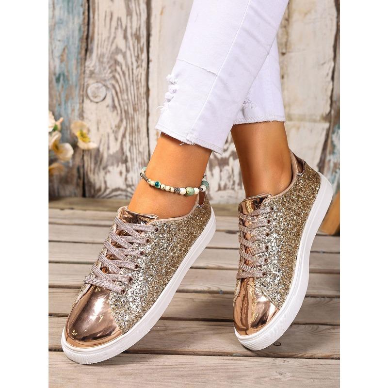 2025 Summer New Arrival Plus Size Sequined Front Lace-Up Solid Color Oversized Sneakers