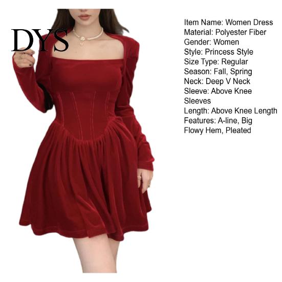 Solid Color A-line Dress Women Square Neck Pleated Long Sleeves Slim Waist Velvet Party Mini Prom Banquet Short Fall Spring Princess