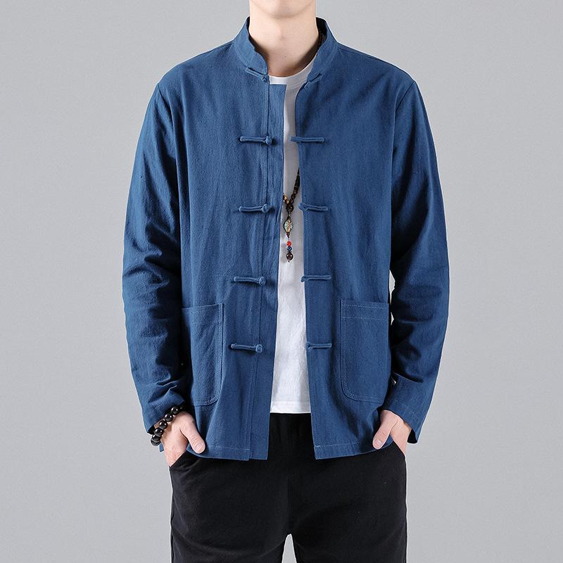 Men's Spring and Autumn Casual Ethnic Style Solid Color Long-sleeved Shirt