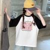 Girls' Short Sleeved Summer New Style Slimming Color Blocked Medium and Large Children's Stylish T-shirt Fashionable Pure Cotton Top