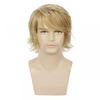 Mens Short Curly Wig With Side Swept Bangs Golden Color 12 Inch Synthetic Hairpiece Daily Wear
