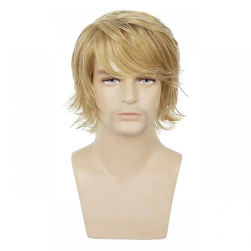 Mens Short Curly Wig With Side Swept Bangs Golden Color 12 Inch Synthetic Hairpiece Daily Wear