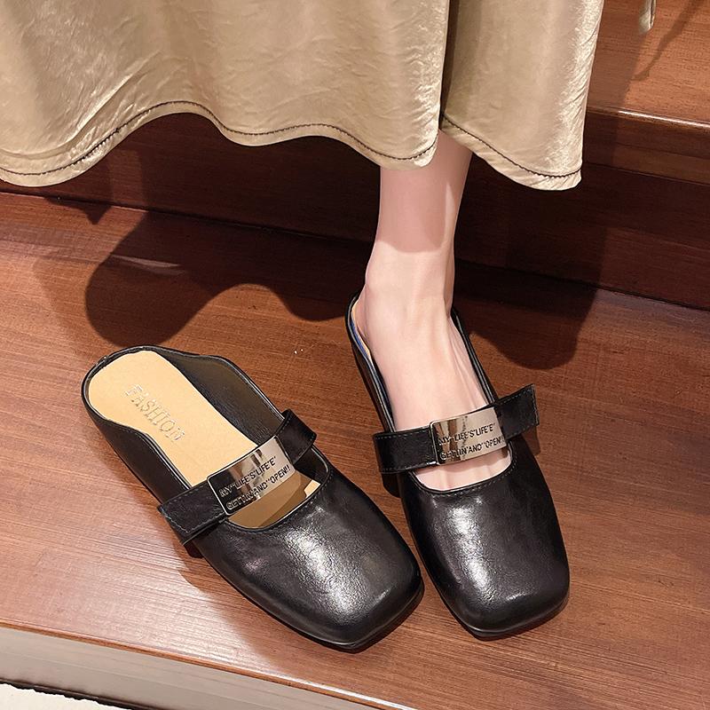 Fashion Aphixta Metal Buckle Spring Slippers Square Toe Outdoor Woman Shoes Slip On Low Heel Slides zapatos de mujer pantunflas Size 42