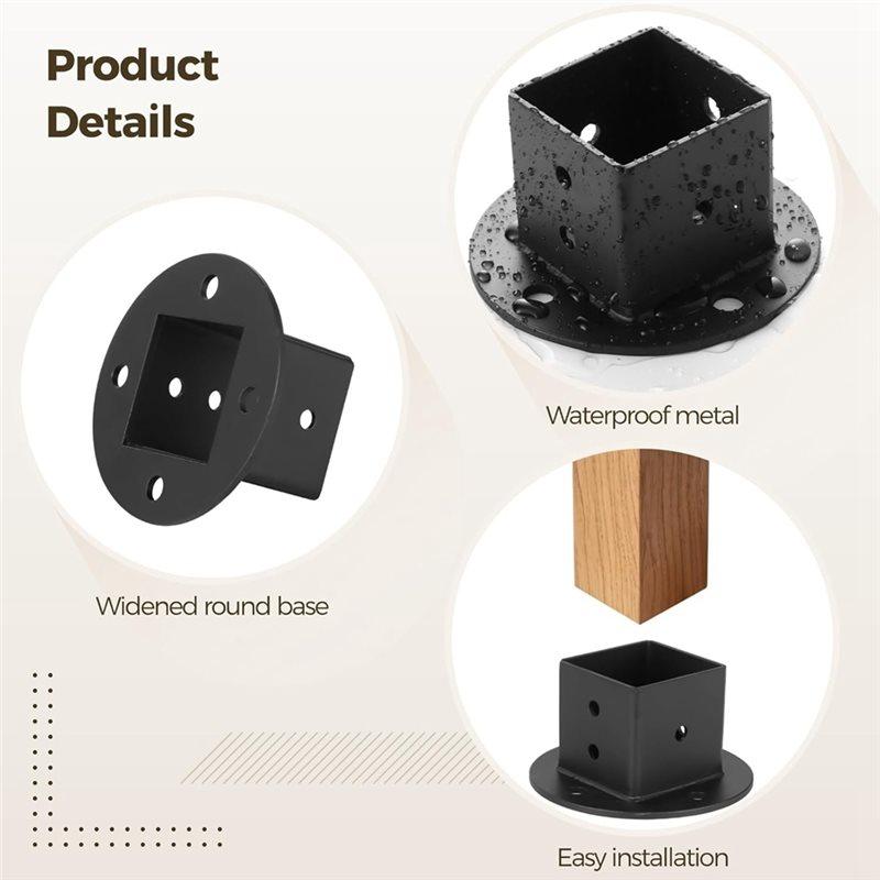 Black Metal Square Post Flange Base Anchors 4 Pcs 2X2 Deck Fence Rail Floor Mount Brackets, Heavy Duty