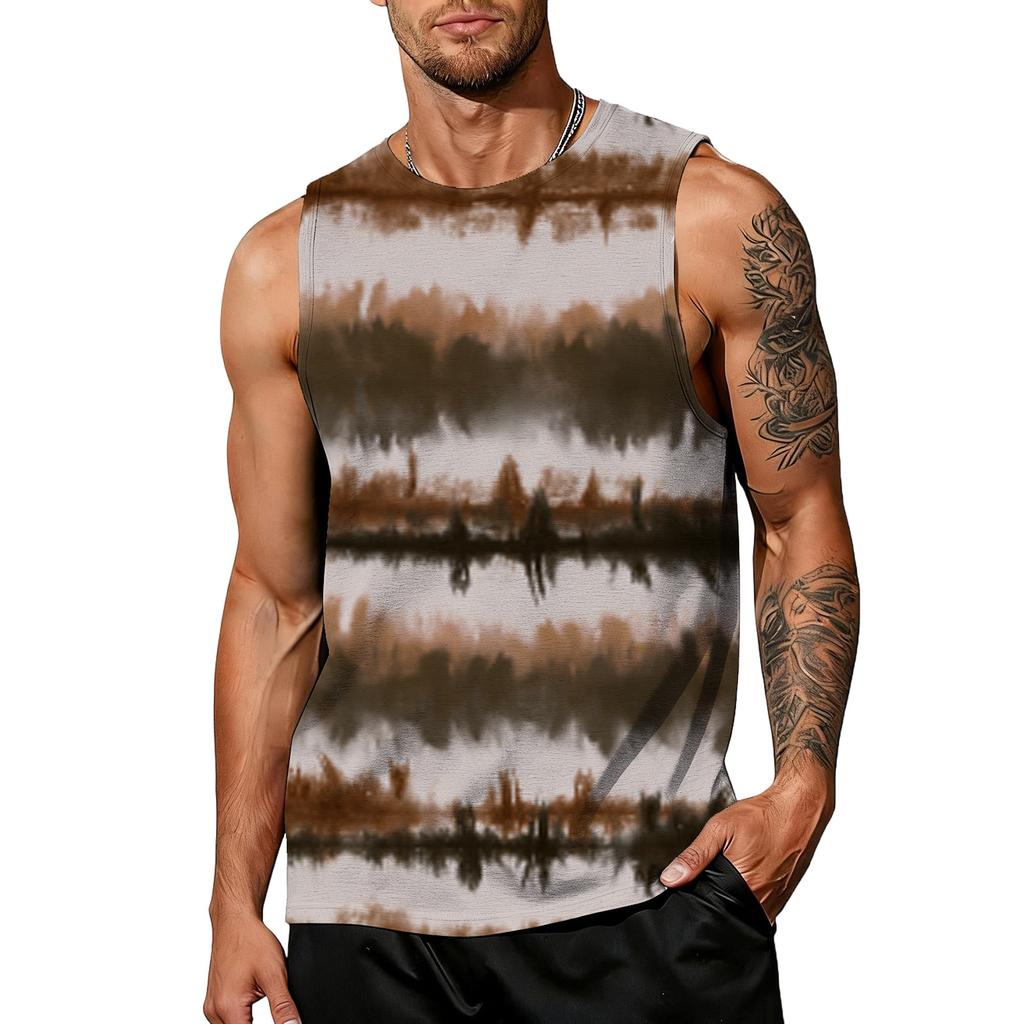 Mens Sleeveless Tie Dye Print Tank Top Crew Neck Casual Loose Fit Muscle Shirt for Summer Gym Workout Beachwear