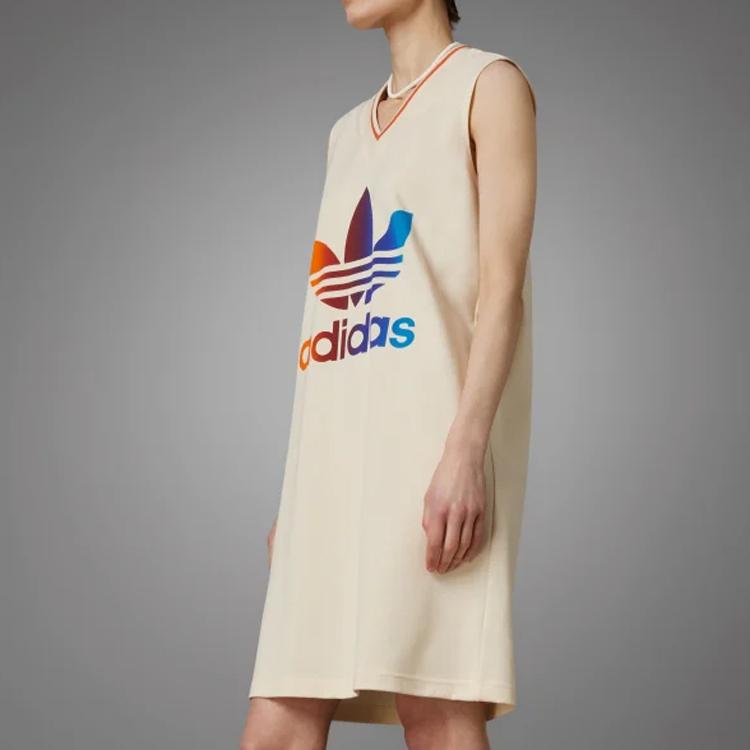 Adidas Originals 70S Logo Letter Print V-Neck Sleeveless Dress Women Dress Beige IK7862