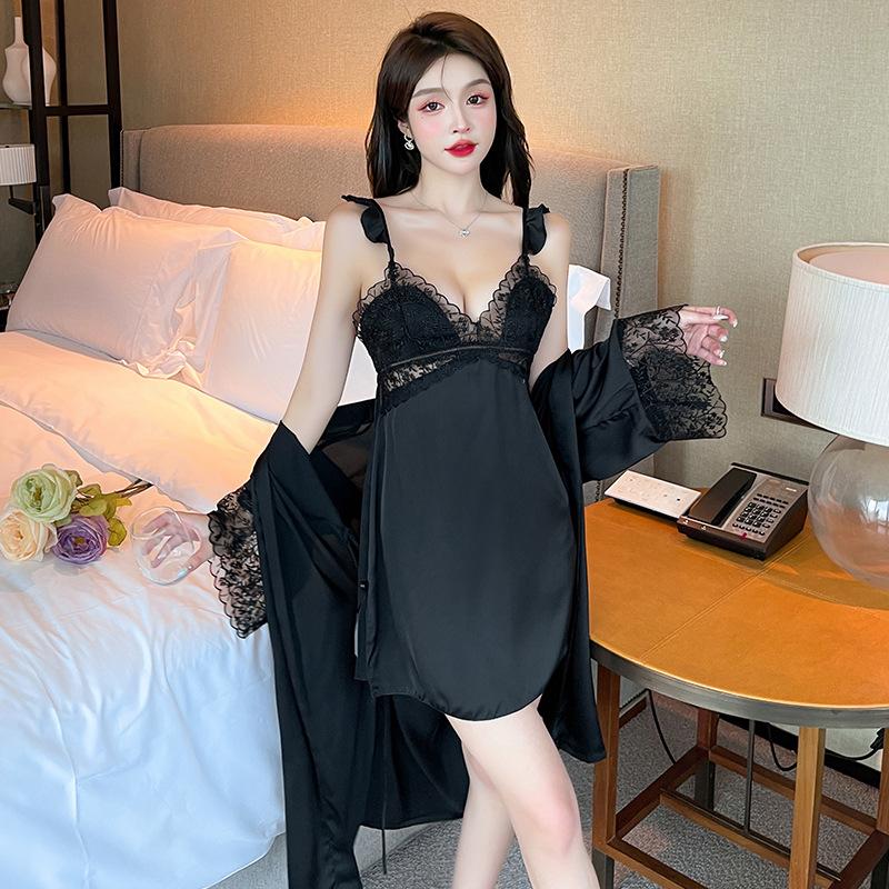 Suspender two-piece set summer new thin ice silk suspender skirt lace with chest pad backless sexy home women's pajamas