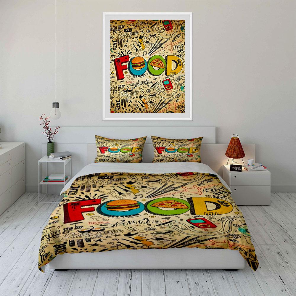 Burger, pizza, music doodles. Bedding sets Duvet cover sets Duvet covers Pillowcases(1 * Duvet Cover 2 * Pillowcases without duvet insert)