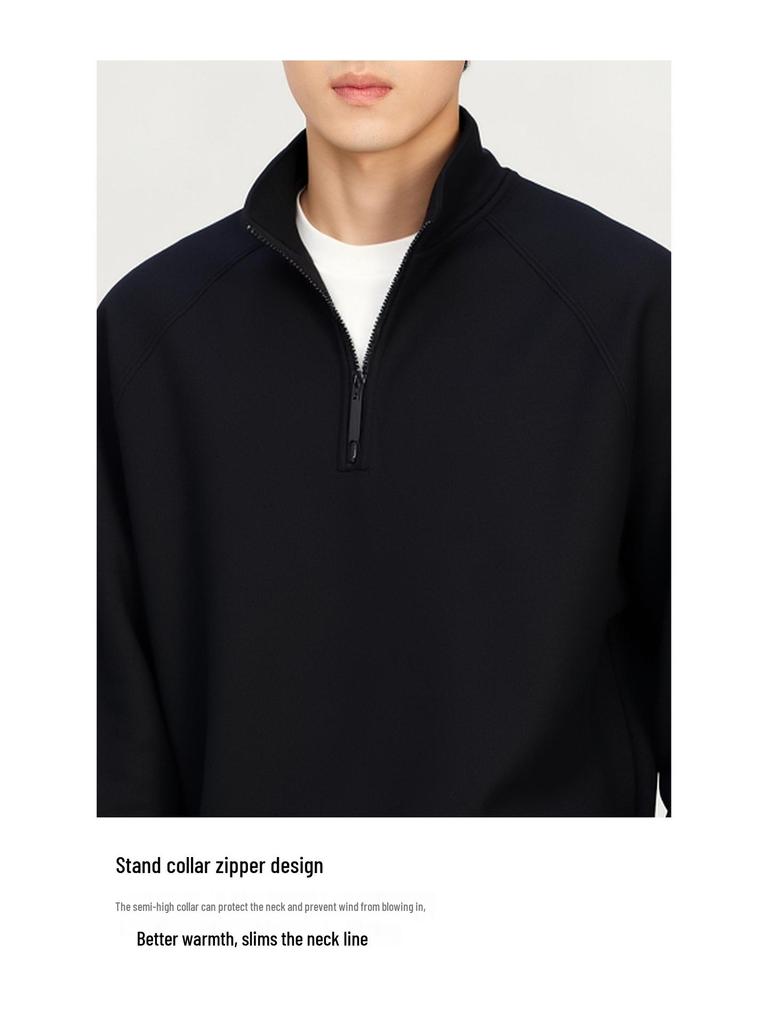 Men's 2025 Winter Black Fleece-Lined Half-Zip Stand Collar Sweatshirt