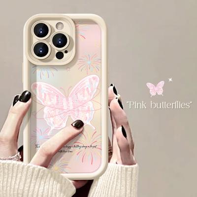 Pink Butterfly Phone Case iPhone 15 Pro Max 11 12 13 16 14 Plus Silicone Shockproof Case Lens Protector Shell