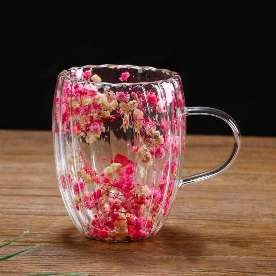 Double-Walled Glass Mug with Dried Flowers 250/350ml Heat Resistant Handle Coffee Cup for Hot Drinks Unique Artistic Glassware
