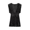 2024 Winter Black Sleeveless Mini Dress with Shoulder Pads and Sequin Embellishments