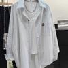 Women's White Striped Oversized Long Sleeve Shirt Casual Loose-Fit Blouse