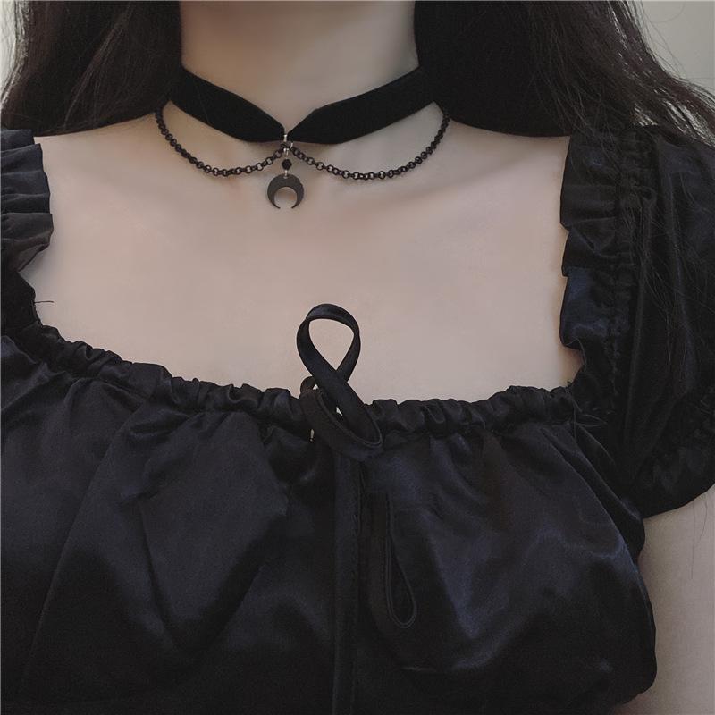 Gothic Black Crescent Choker Necklace for Women - Dark Neck Strap Accessory