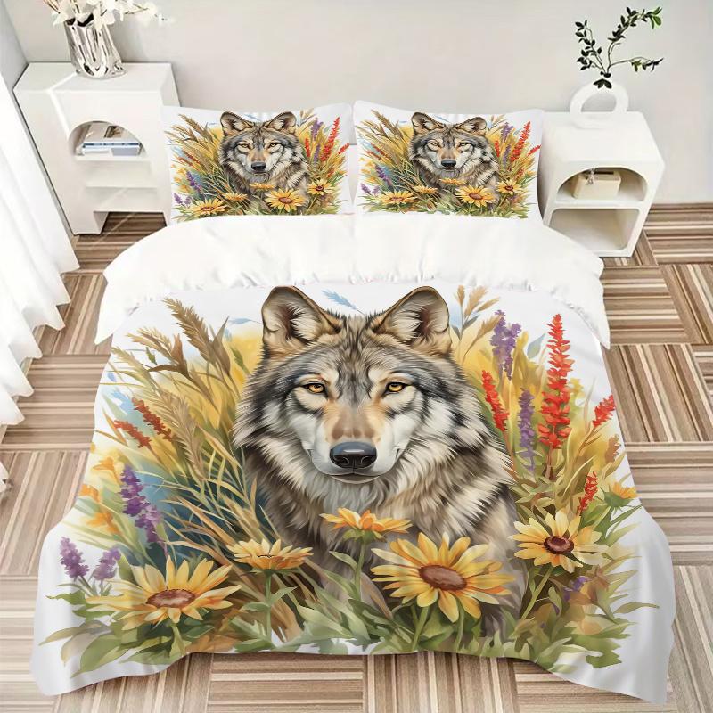 3pcs Wolf Amidst Sunflowers and Lavender Quilt Set - Soft and Comfortable Bedroom, Guest Room and Dorm Decor Bedding Set J097