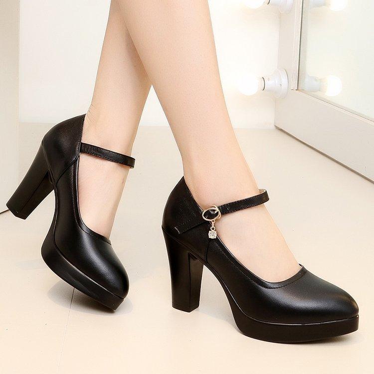 High Heels Platform Pumps 2024 Spring New Fashion Buckle Solid Black Shoes Woman PU Leather Waterproof Shoes Female