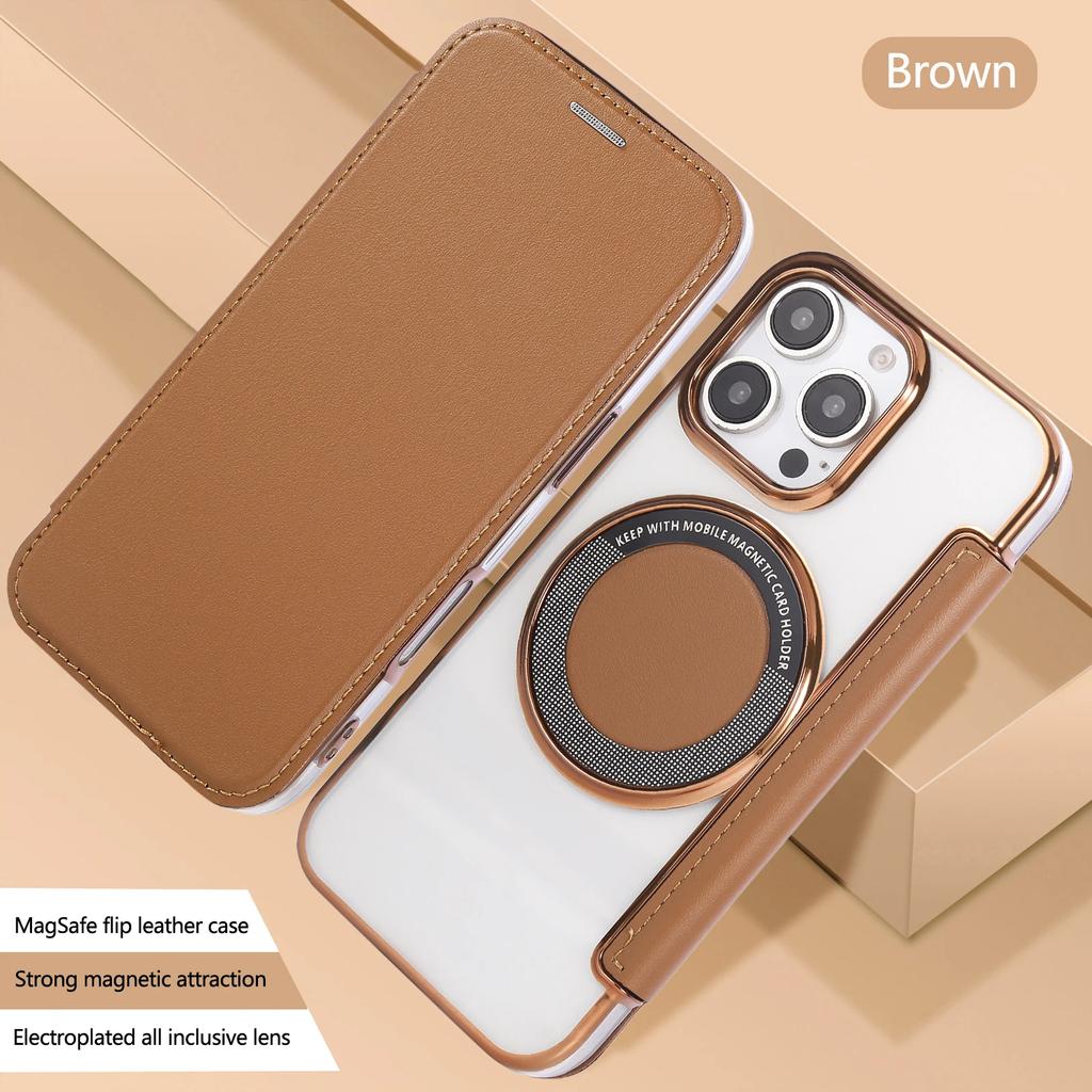 Wallet Leather Case for iPhone 16 17 Pro Max 16E Air 15 Plus 14 13 12 for Magsafe Wireless Charging Plating TPU Magnetic Cover