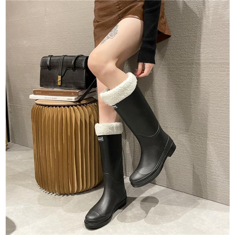Fashion new high tube rain shoes female adult velvet warm non-slip water shoes high top boots cold rain shoes