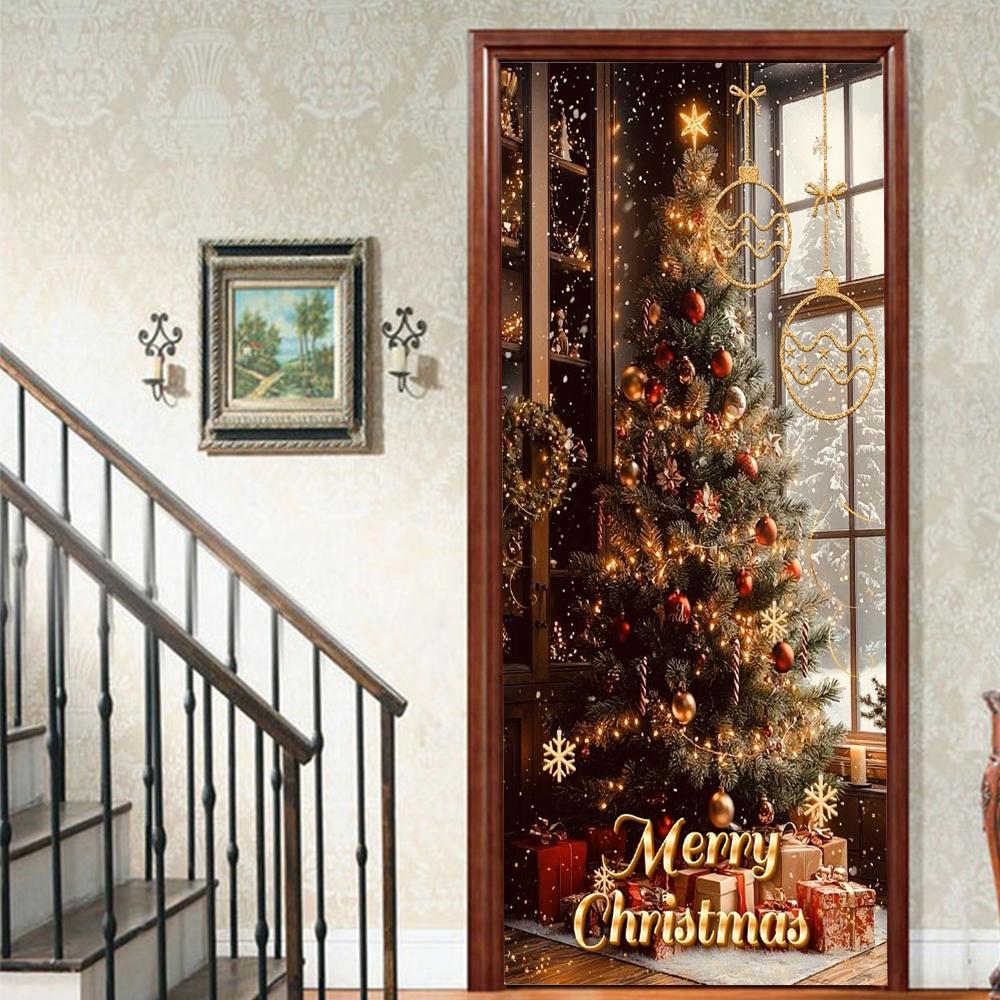 Christmas Tree PVC Self-Adhesive Waterproof Door Sticker Modern Simulation Door Mural Wallpaper Living Room Study Home Decor Art Door Poster