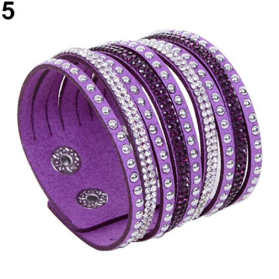 Women's Multilayer Wrap Rivet Rhinestone Suede Cuff Bangle Wristband Bracelet ADM