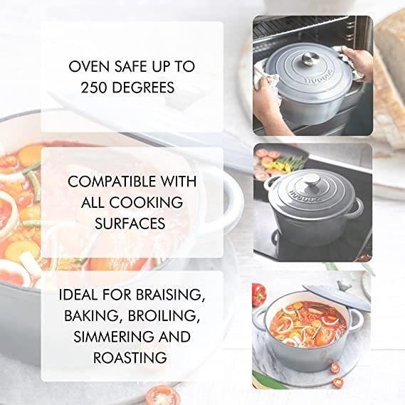 Nuovva Cocotte Antiadhésive En Fonte Avec Couvercle - Mijoteuse Gris - Rond - Ø24 Cm - 4,7 Litres