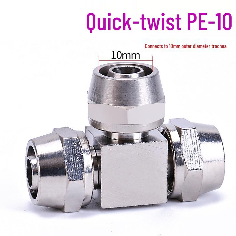 T-shaped Quick-Connect Pneumatic Fitting for High-Pressure Air Hoses, Nickel-Plated, Available in 4-12mm.