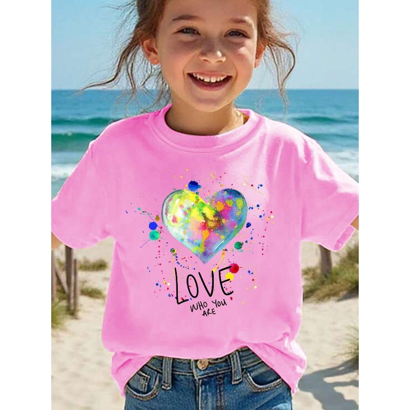 Girls Crewneck Summer Tee, LOVE WHO YOU ARE Letter & Heart Print