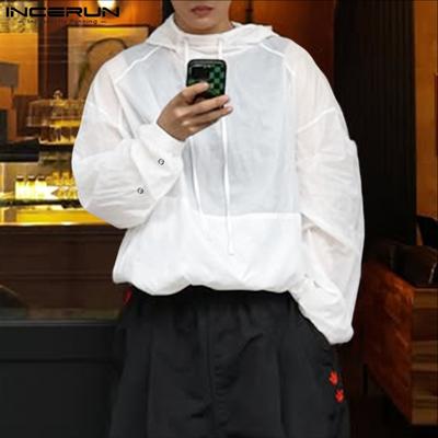 Men Long Sleeve Slightly Transparent Loose Drawstring Hooded Tops