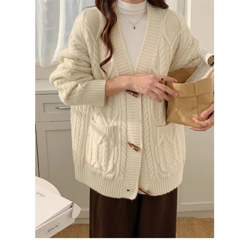 

Retro horn button sweater jacket for women s autumn and winter new loose and lazy style versatile casual twist knitted cardigan for women One size