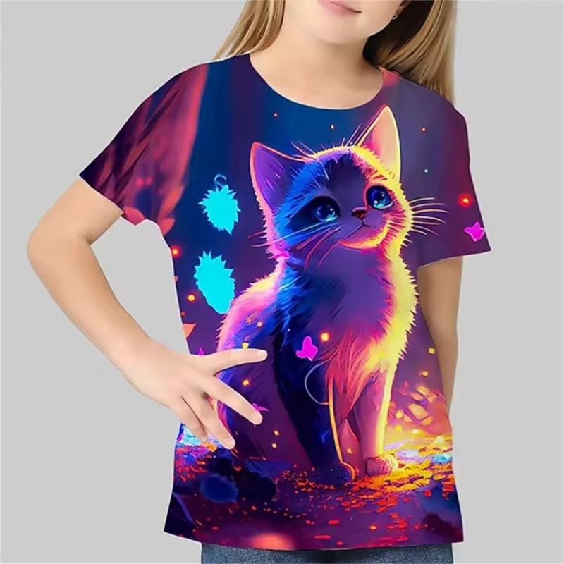 Kinderkleidung Mädchen 3D-Druck Niedliche Katze Lässig Kurzarm Grafik T-Shirts Niedliches und Lustiges Sommer Outdoor T-Shirt für Mädchen