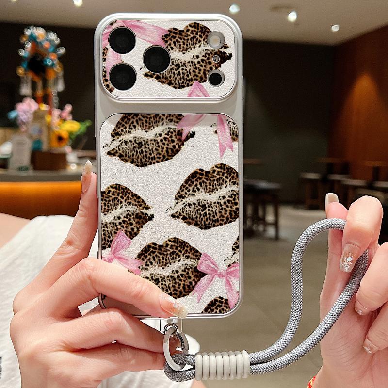 Leopard Kiss Lips Leather Lanyard Case For iPhone 18 Pro Max 17 16 15 14 13 Pro Max Luxury Hybrid TPU+PU Anti-skid Soft Phone Cover