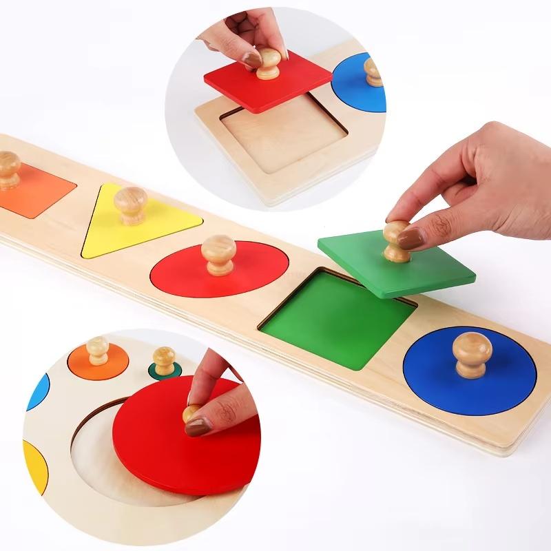 Montessori Wooden Shape Hand Grasping Board Toy Infant Childhood Education Teaching Aid Puzzle Montessori Geometric Figure Panel