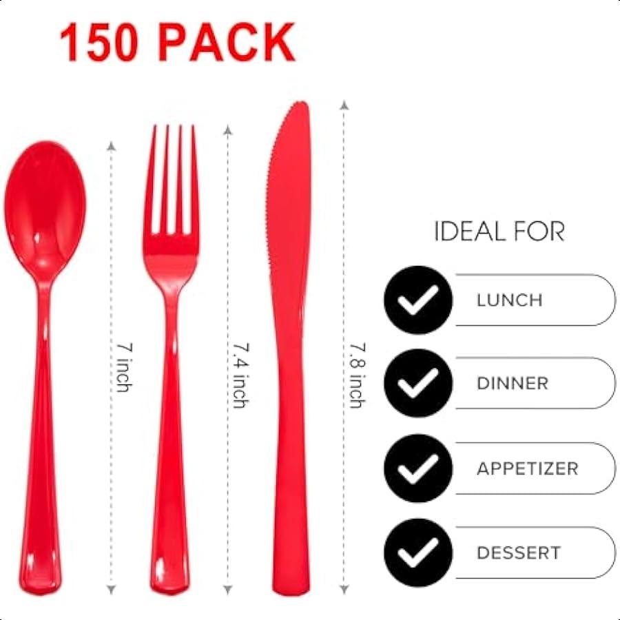 150 Pcs Disposable Plastic Cutlery Set Plastic Silverware Heavy Duty Utensil Sets 50 of Each Forks Spoons and Knives Disposable