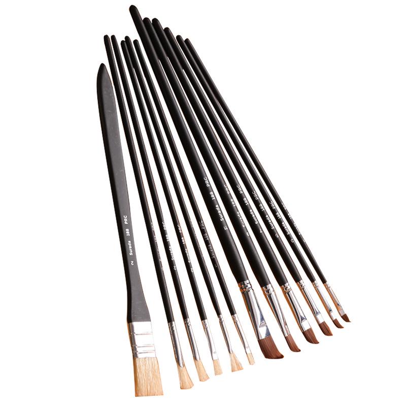 12-Piece Hog Bristle Oil Paint Brushes, Black Handles + 6-Piece Nylon Acrylic, Gouache, Watercolor Flat Brushes for Beginners