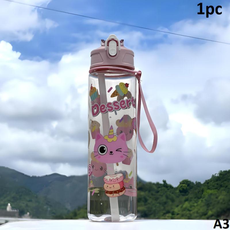 

790Ml Cartoon Cat Rabbit Plastic Water Bottle Straw Cup With Carry Handle Portable Suitable For Outdoor Travel And School Use