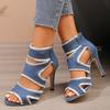 High-Heel-Sandalen für Damen im Sommer 2026 mit schmalen Absätzen und Baidu-Denim-Cut-outs. Fischmund sexy römische Schuhe für Damen