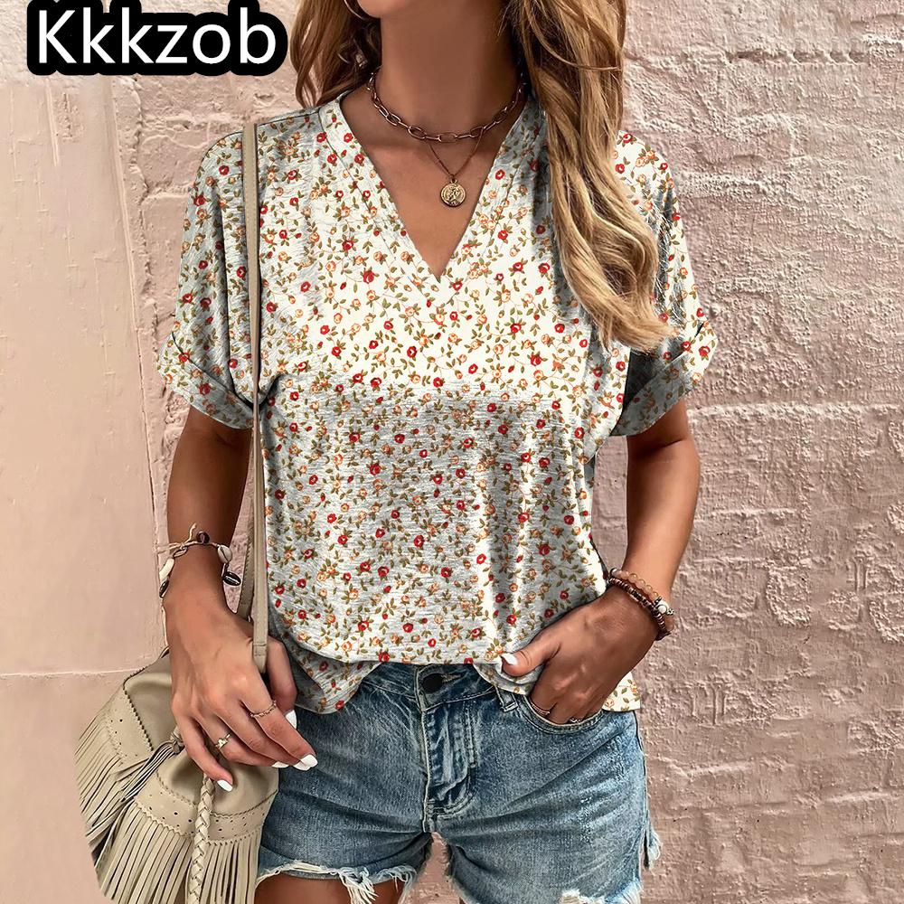 V-neck printed T-shirt floral shirt summer casual blouse fashion ladies clothing