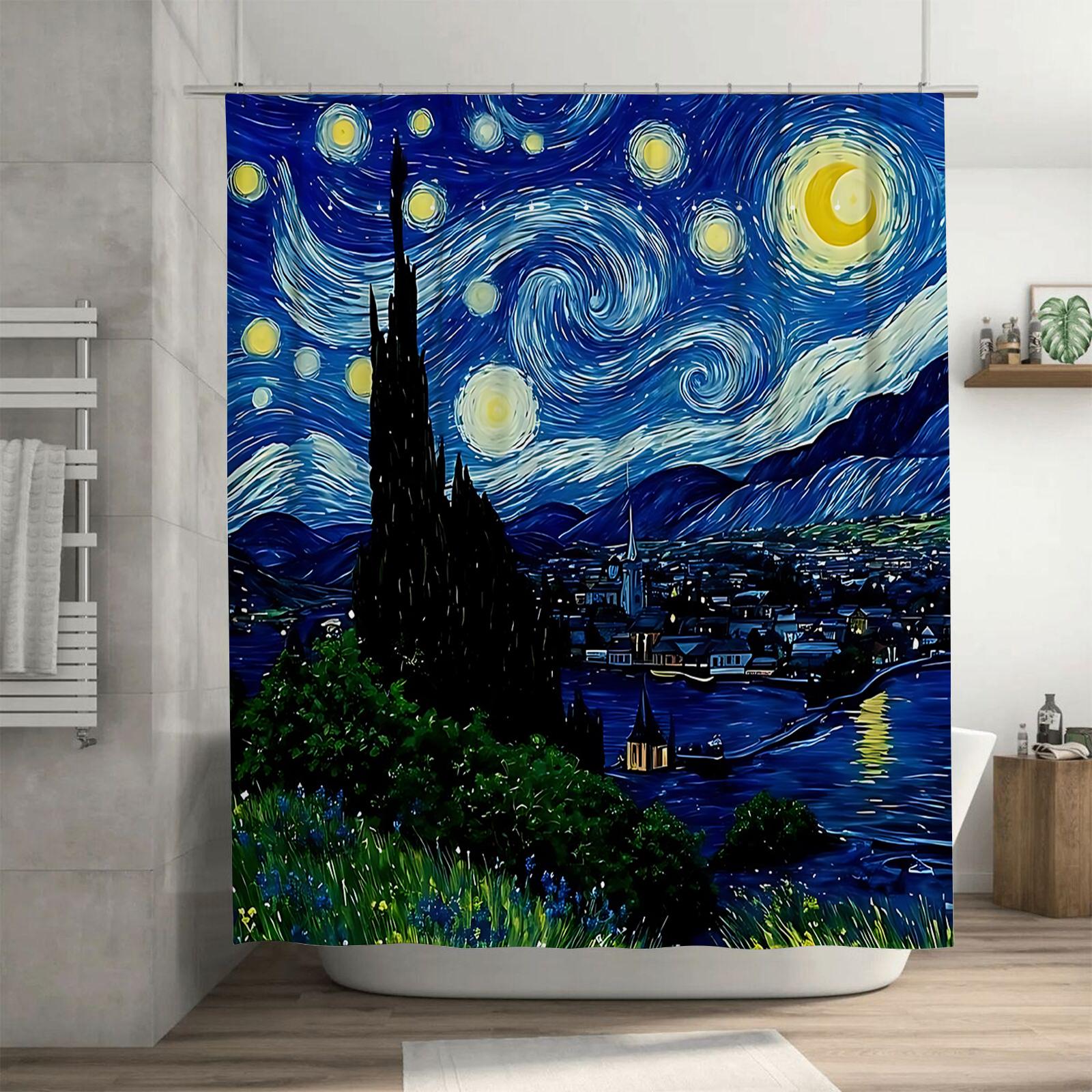 Dunika Chen Van Gogh Starry Night Art Bath Curtain Waterproof Mildew Proof Polyester For Bathroom Decor Suitable For Wet And Dry Separation