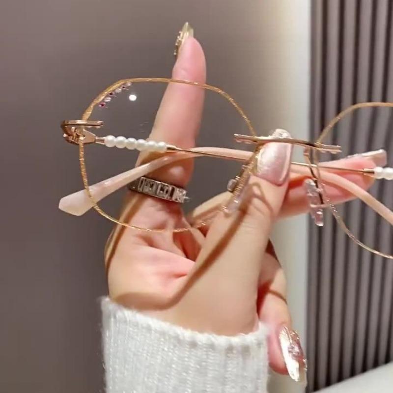 Neue randlose Lesebrille mit Diamantbesatz, modische Anti-Blaulicht-Lesebrille, modisches Perlen-Set, Damen-Alterssichtigkeitsbrille
