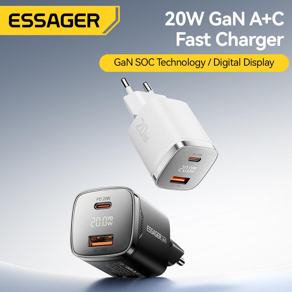 Essager GaN 20W USB Type C Charger Digital Display PD Fast Charging QC 3.0 Quick Charger For iPhone 16 15 14 Pro iPad Charging