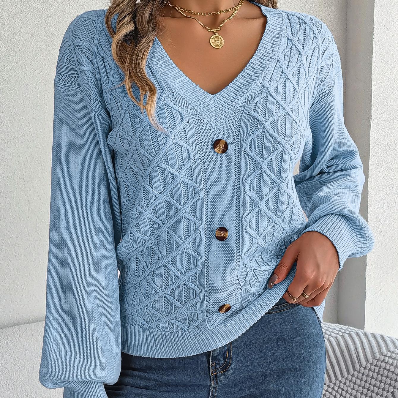 

GMXIA Женская мода Повседневный однотонный принт Осень Зима Длинный рукав V-образный вырез Свободный пуловер с застежкой на пуговицы и рукавами-фонариками Свитер L baby голубой