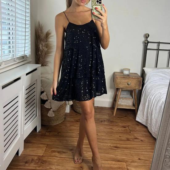 Sexy Paillettenkleid Straps-Sling-Kleid Einfarbig Ärmellos Lagen-Kuchen-Design Partykleid Alltagskleidung