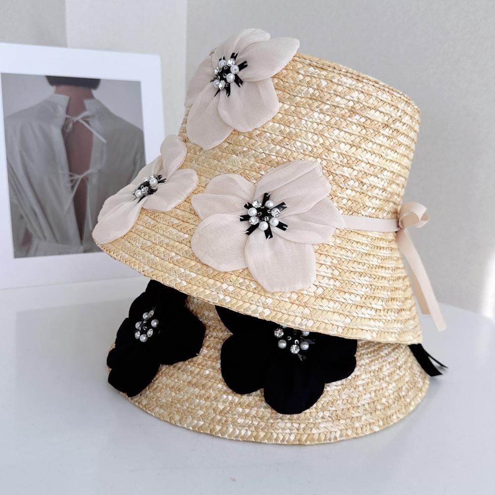 French Vacation Style Dimensional Flower Flat Wheat Straw Hat Exquisite Fashion Women Sun Protection Beach Seaside
