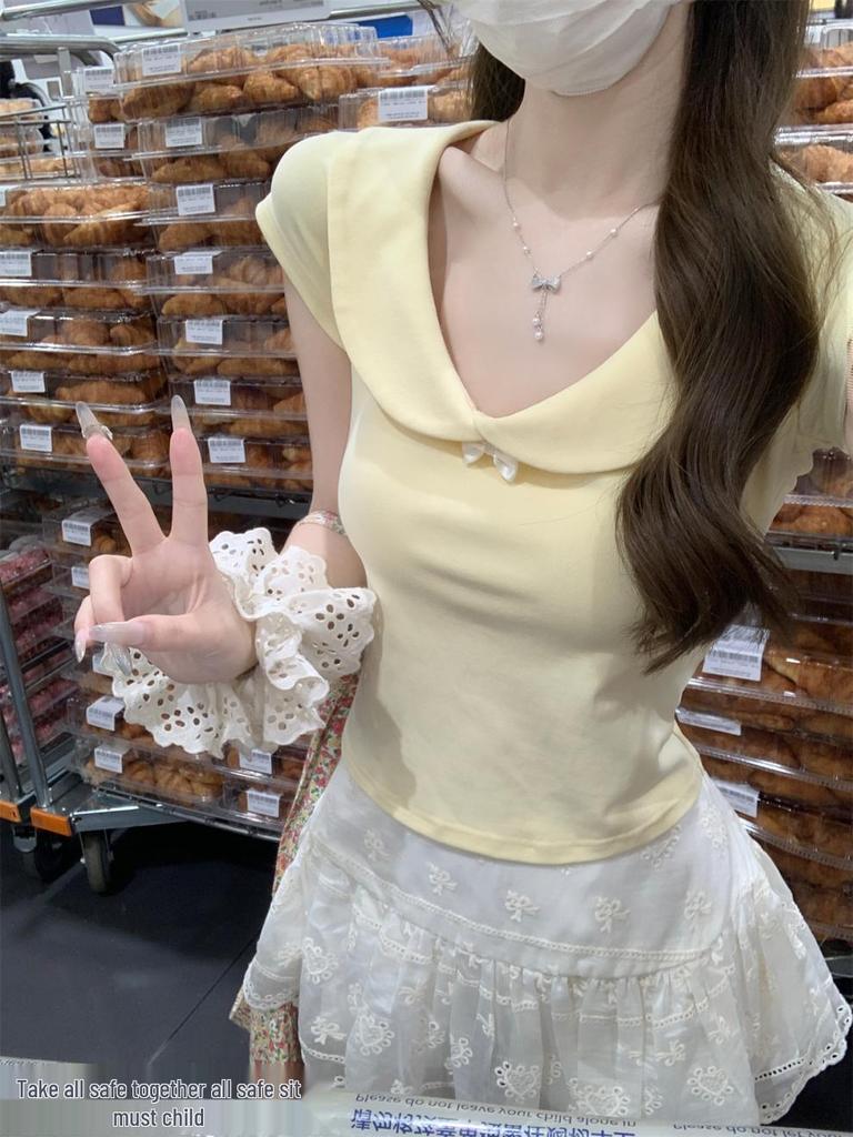 Korean Sweet Spring/Summer Slim-Fit Doll Collar Pure Cotton T-Shirt