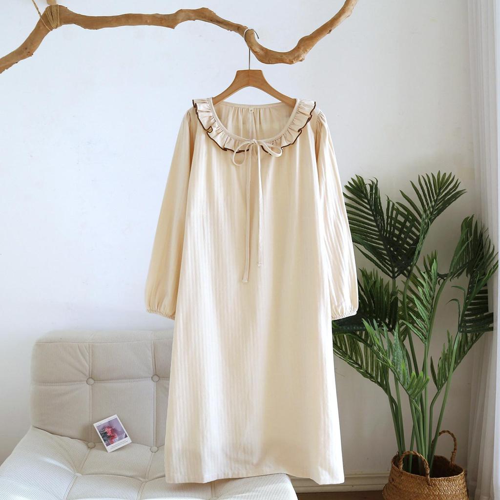 Women's Pure Cotton Gauze Nightgown with Built-in Bra, Round Neck, Lace, Versatile for Home or Outdoor Wear