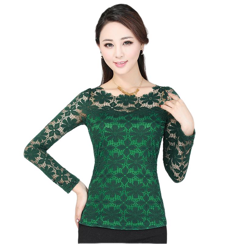 Women's form-fitting long-sleeved lace blouse with a feminine silhouette plus size clothing
