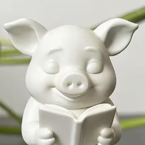 Yousheng 3D Printed Pig Statue, Mini Pig Figurine with Matte Frosted Surface, Dirt Resistant Cute Piglet Reading On Toilet
