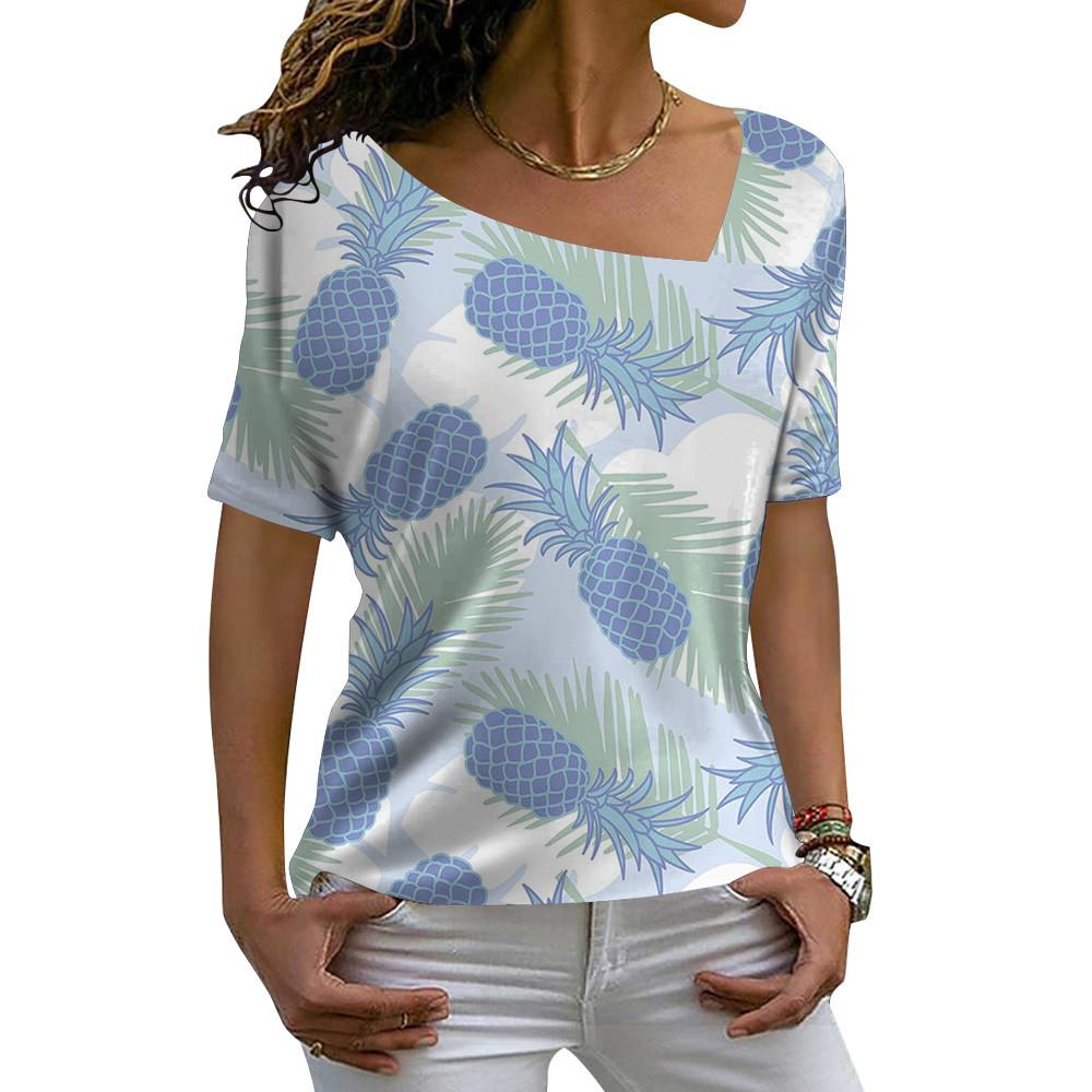 V-Ausschnitt Diagonalkragen Damen Kurzarm Mode Lässig Locker Pullover T-Shirts Sommer 3D Floral Bedrucktes T-Shirt Für Damen