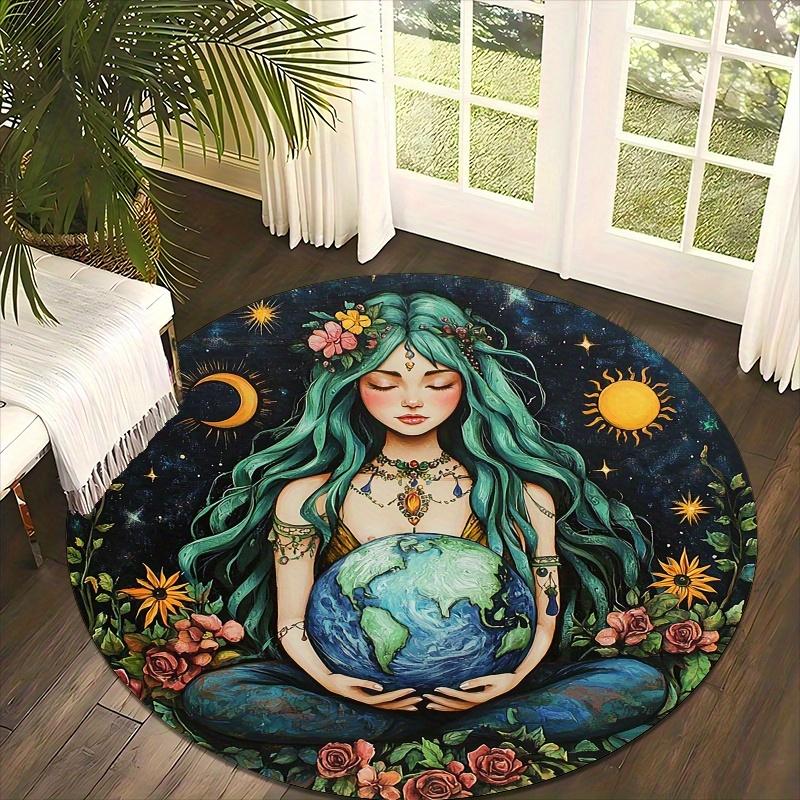 Mysterious Goddess Earth Flannel-printed Round Floor Mats Are Slip-resistant Suitable Living Room Bedroom Terrace Garden Carpets