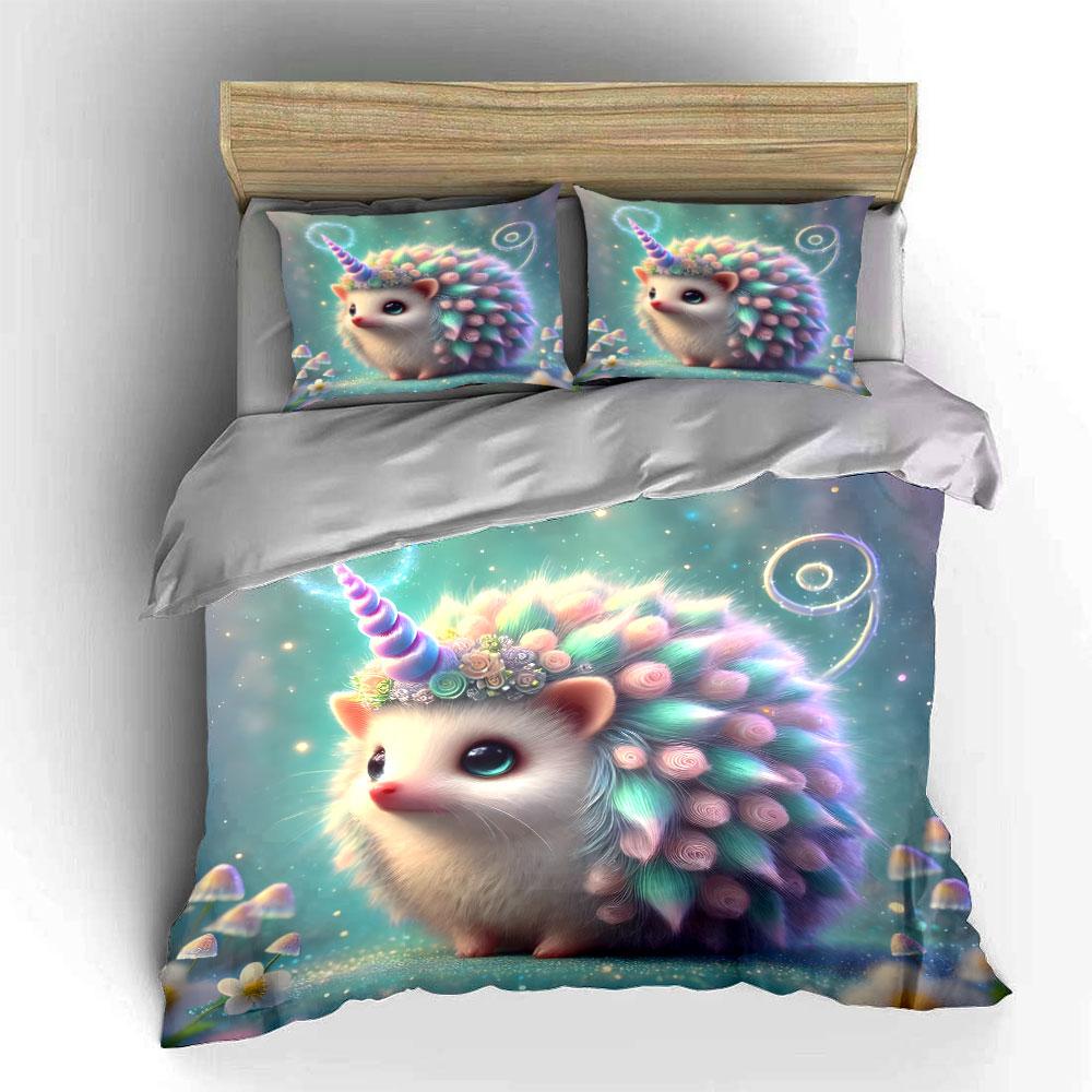 Magical Hedgehog Unicorn Fantasy Set Exquisite Three-Piece Bedding Set Gift For Kids And Adults